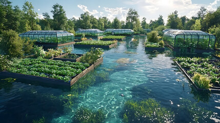 Fototapeta premium A serene aquatic garden featuring glass greenhouses surrounded by lush greenery and clear water under a bright sky.