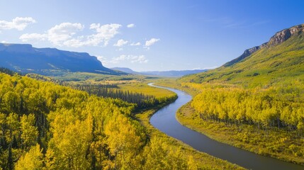 Obraz premium Autumn Serenity: Tranquil River Winding Through Vibrant Fall Forest - Peaceful Nature Landscape Photography