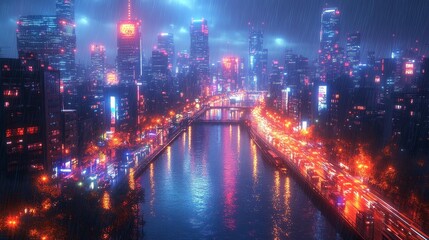 Fototapeta premium Neon Cyberpunk Cityscape in the Rain Generative AI