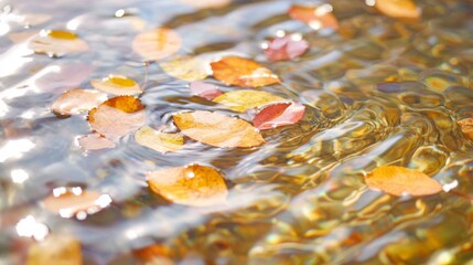 Tranquil Autumn Stream with Floating Leaves - Serene Nature Landscape in Fall