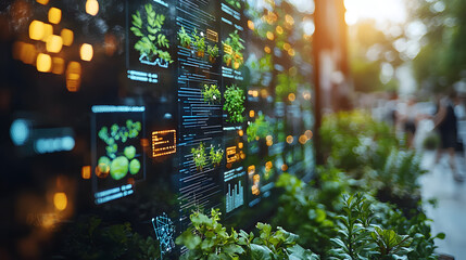 A vibrant display of digital plant information blends technology and nature in an urban setting, showcasing greenery and innovation.
