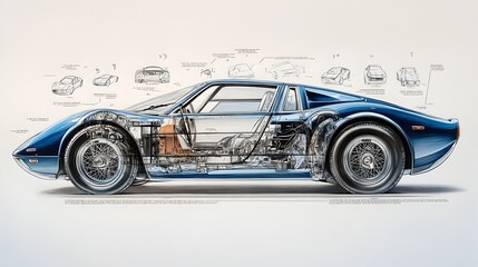 Fototapeta premium Detailed Blueprint of a High Performance Sports Car in Advertising Poster