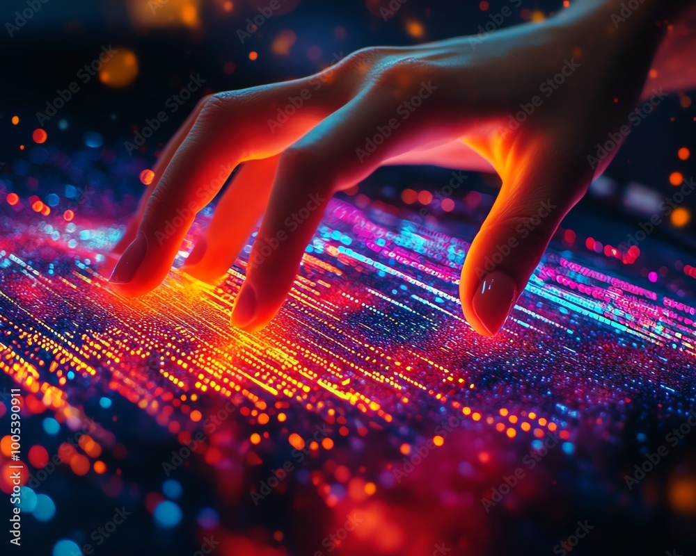 Leinwandbilder closeup of a hand interacting with a spinning data flow, vibrant data flow processing visualization 