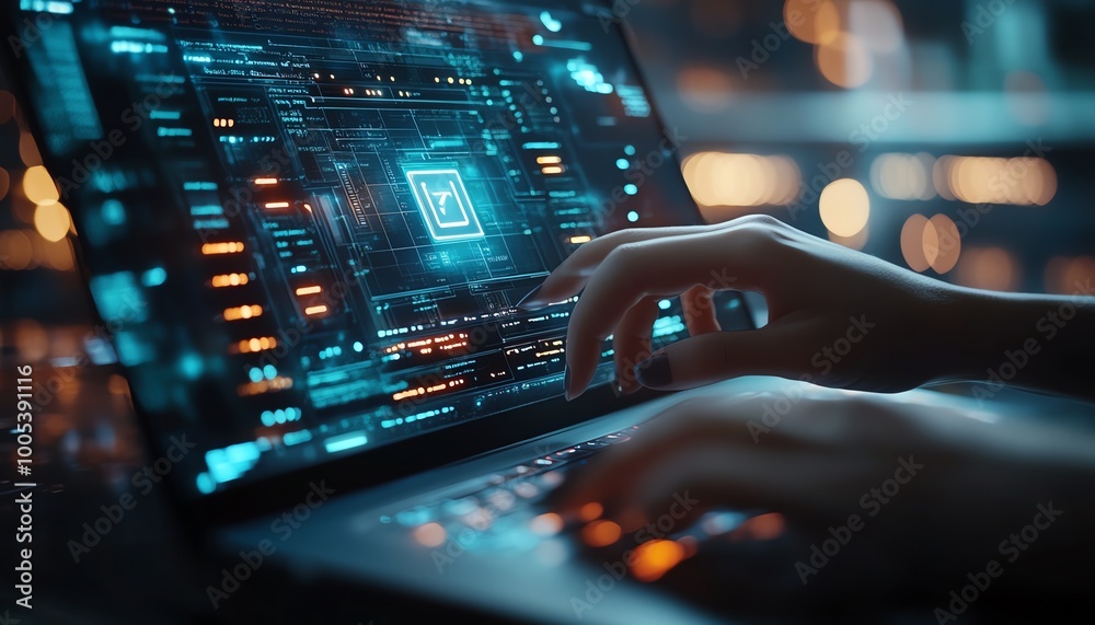 Fototapete closeup of a privacy lock icon on a laptop screen, woman using computer with virtual interfaces, emp