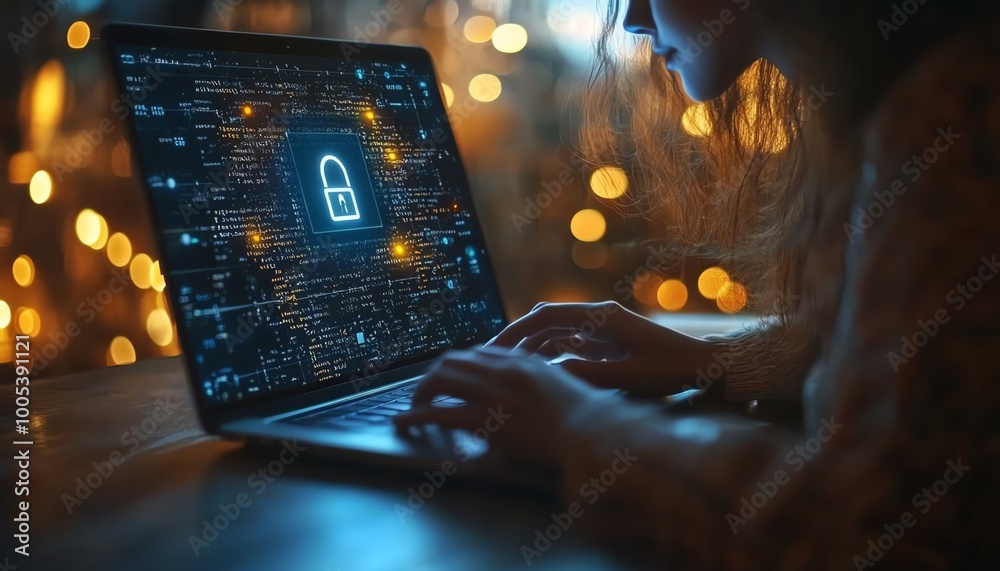 Leinwandbilder closeup of a privacy lock icon on a laptop screen, woman using computer with virtual interfaces, emp