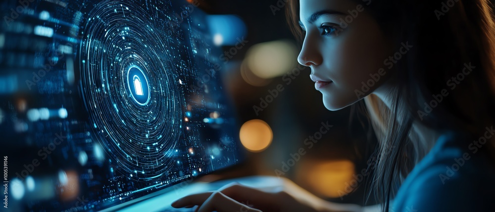 Fototapete closeup of a privacy lock icon on a laptop screen, woman using computer with virtual interfaces, emp