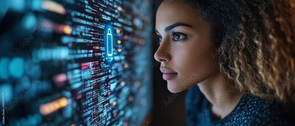 Aufkleber closeup of a woman working on a laptop with a privacy lock icon displayed on virtual screen interfac