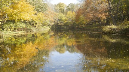 Tranquil Autumn Reflections: Serene Lake View with Vibrant Foliage