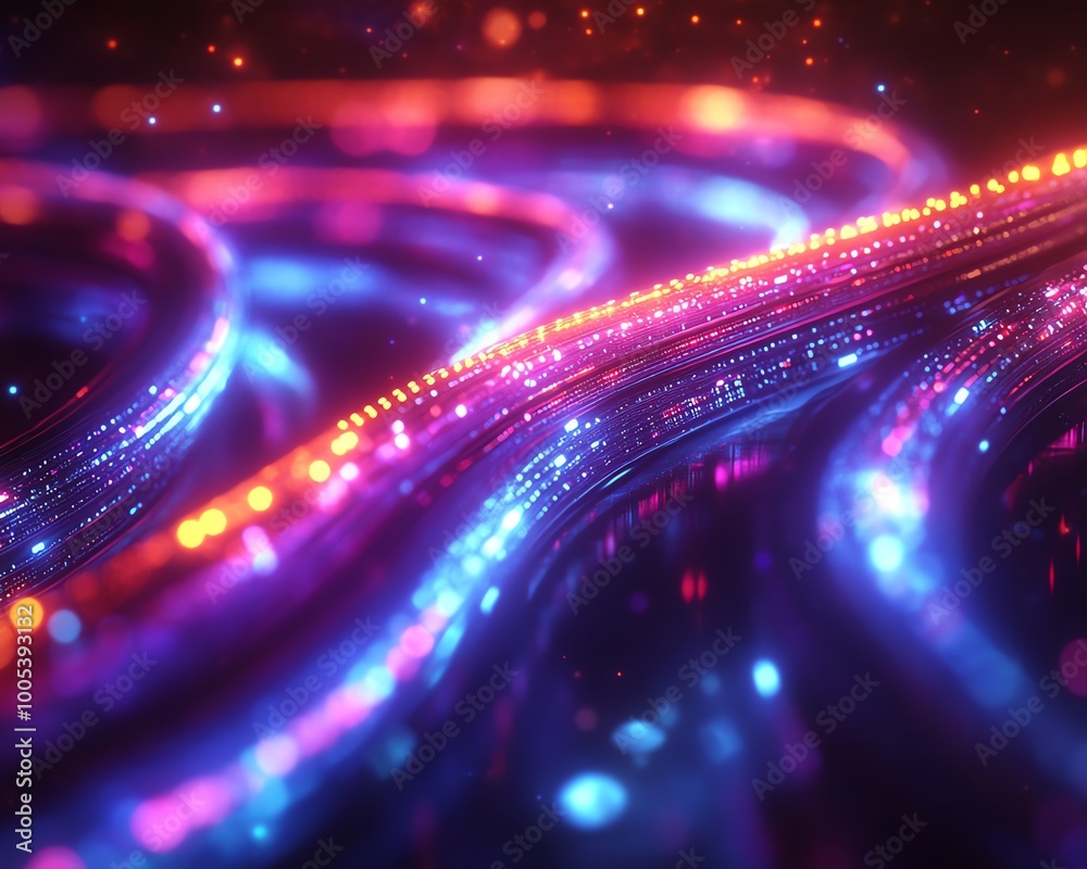 Aufkleber data cables with glowing light trails transferring information, futuristic background with vibrant c