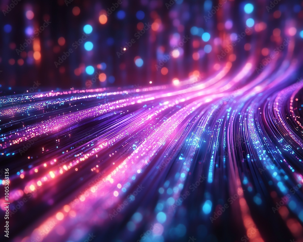 Aufkleber data cables with glowing light trails transferring information, futuristic background with vibrant c