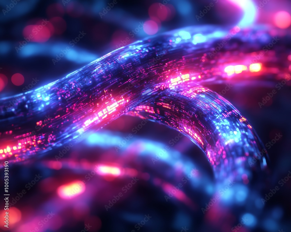 Aufkleber data cables with glowing light trails transferring information, futuristic background with vibrant c