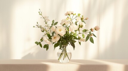 Fototapeta premium Elegant Seasonal Flower Arrangement in Clear Vase on Neutral Tablecloth