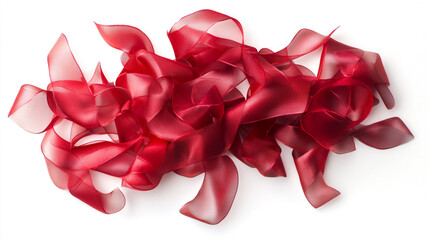 Delicate red ribbon curls arranged artfully on a plain background showcasing their intricate texture