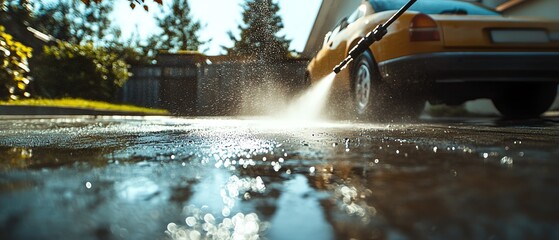 Detailed low angle view of power washing a concrete driveway, individuals using a pressure washer with dynamic water spray, hard ground surface, cinematic shot