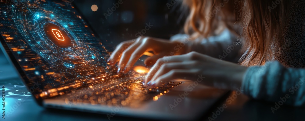 Poster detailed view of a woman using a laptop, privacy lock icon on virtual screen interfaces, modern tech