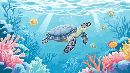 Green sea turtle swimming in a vibrant coral reef with colorful fish.
