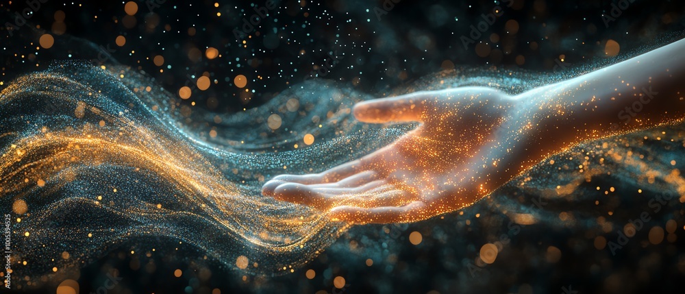 Fototapete dynamic data flow spinning with a hand in contact, data processing visualization background, futuris
