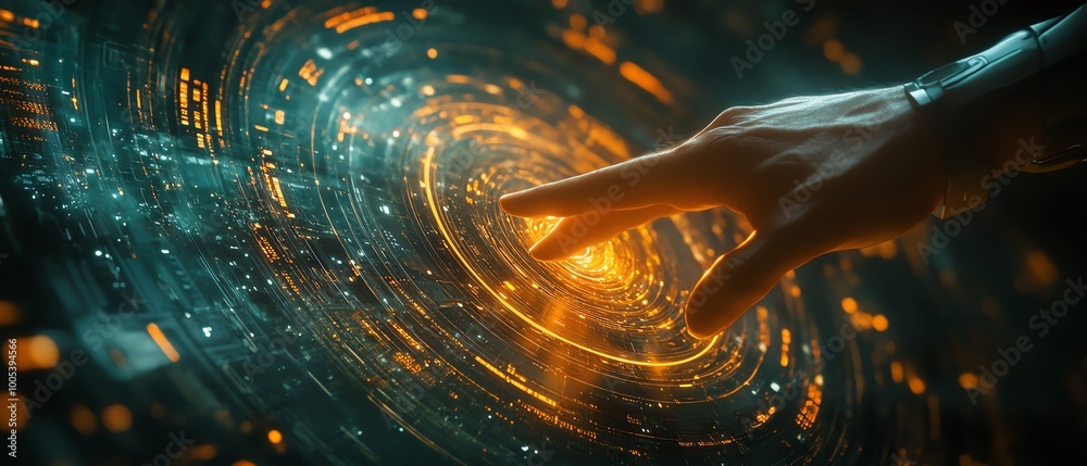 Leinwandbilder dynamic data flow spinning with a hand in contact, data processing visualization background, futuris