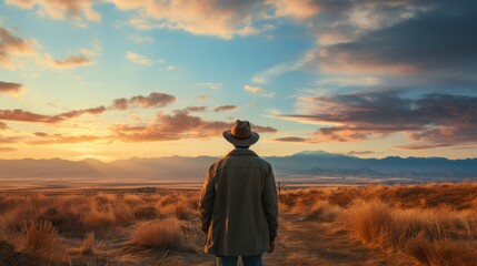 夕暮れの空と帽子を被った男性後ろ姿,Generative AI AI画像