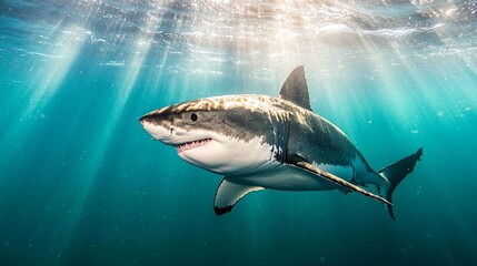 Naklejka premium Great white shark swimming in sunlit ocean.