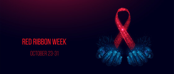 Red ribbon week concept. Banner with red ribbon awareness and text. Vector illustration.