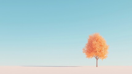 Tranquil Solitude &acirc;&euro;&ldquo; Single Tree with Vibrant Orange Leaves in Serene Landscape