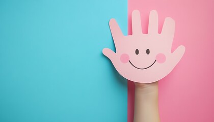 Obraz premium Girls hand displaying a paper cut smiling face, blue and pink pastel background with generous copy space, perfect for kids birthday or gender reveal, vivid and detailed, 8K quality