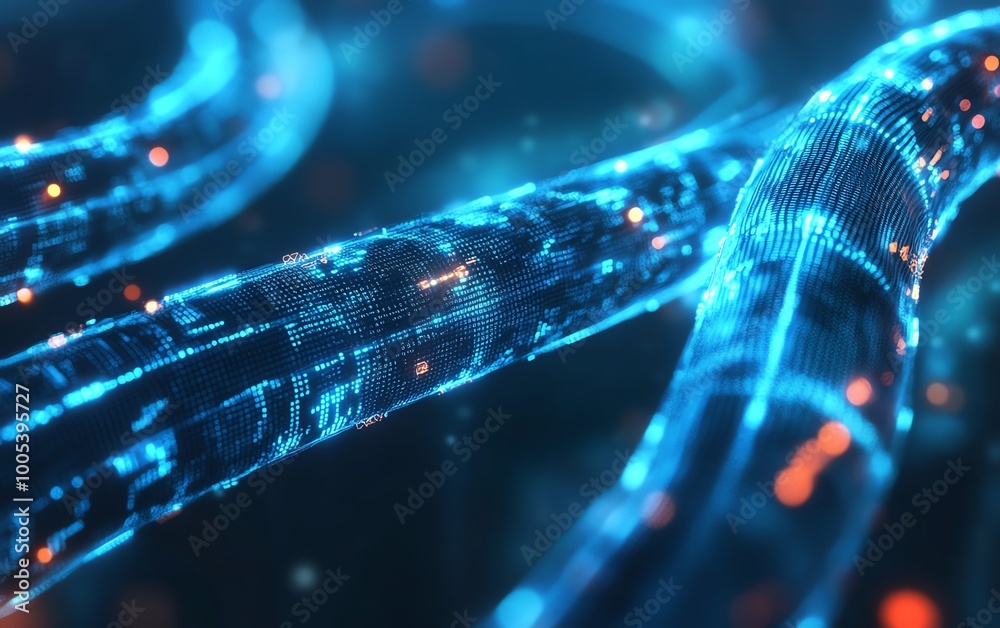 Poster glowing data cables transferring information, dynamic background with vibrant light trails, hightech