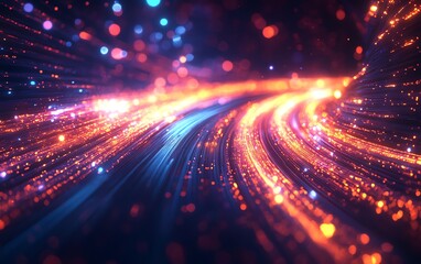 Obraz premium Glowing data cables transferring information, dynamic background with vibrant light trails, hightech and futuristic theme, highresolution, 4K quality