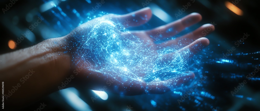 Poster Hand engaging with a spinning data flow, immersive data processing visualization background, modern and vivid design, ultraHD quality