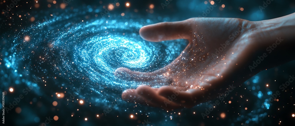 Fototapete hand engaging with a spinning data flow, immersive data processing visualization background, modern 