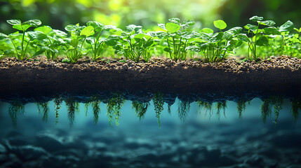 Naklejka premium Lush greenery emerging from rich soil, illustrating growth and vitality in a serene natural environment.