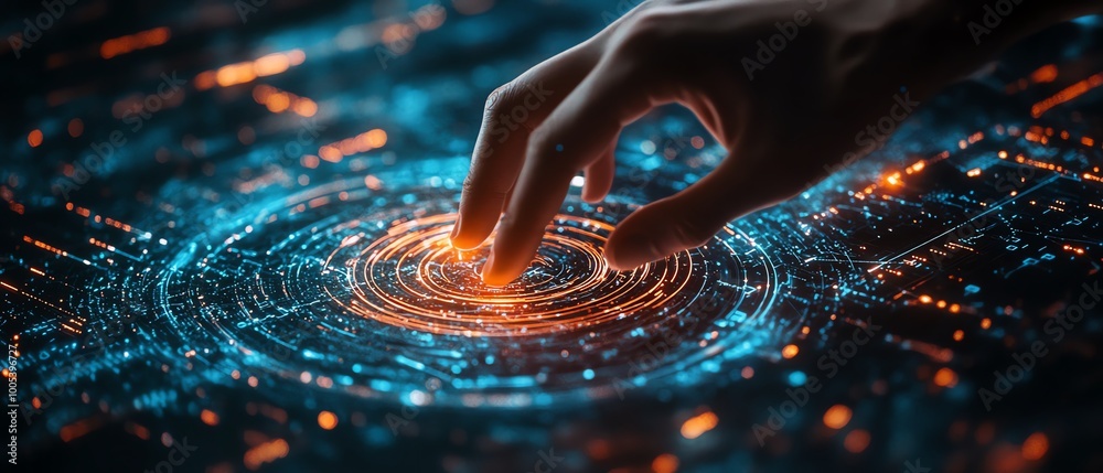 Poster Hand touching a spinning data flow, data flow processing visualization background, dynamic and futuristic design, highresolution, 4K quality
