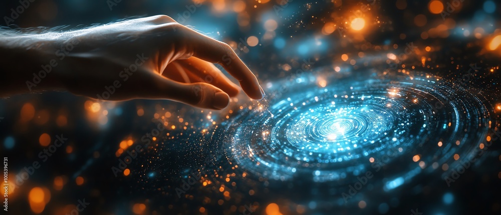Leinwandbilder hand touching a spinning data flow, data flow processing visualization background, dynamic and futur