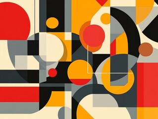2408 48.An abstract geometric art piece featuring bold, colorful forms in a Bauhaus style. The design includes a mixture of gradient squares, circles, and lines in retro hues, creating a modern and