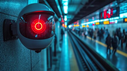 Surveillance Camera in Subway Station with Red Light Generative AI