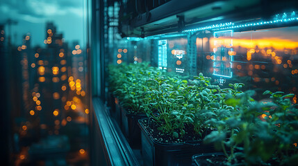 Urban indoor garden with vibrant plants under glowing lights, showcasing modern living and sustainable lifestyle.