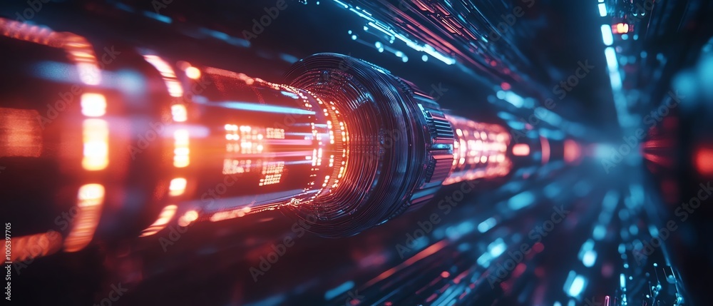 Poster illuminated data cables in motion, transferring information with glowing light effects, techinspired
