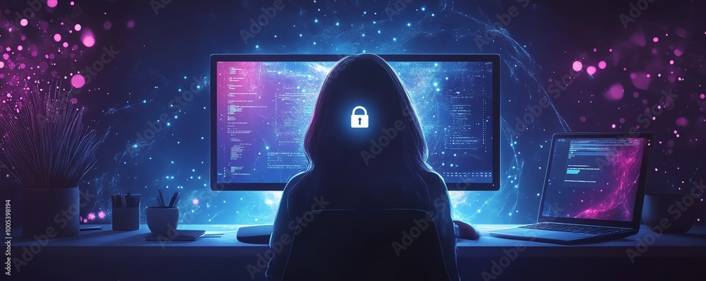 Aufkleber laptop screen showing a privacy lock icon, woman working on computer with virtual interfaces, securi