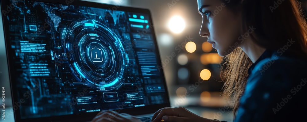 Aufkleber laptop screen showing a privacy lock icon, woman working on computer with virtual interfaces, securi