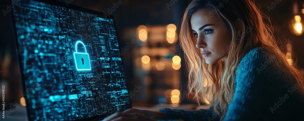 Aufkleber laptop screen showing a privacy lock icon, woman working on computer with virtual interfaces, securi
