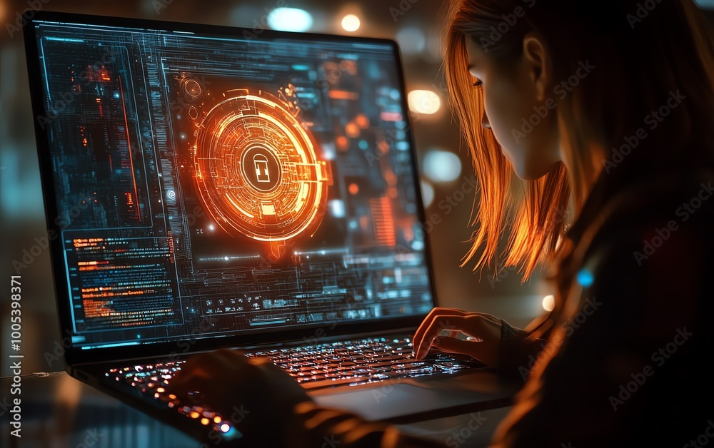 Aufkleber laptop screen showing a privacy lock icon, woman working on computer with virtual interfaces, securi