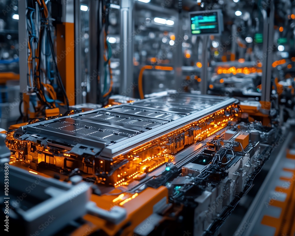 Poster mass production of electric vehicle battery cells, closeup view of assembly line with precise machin