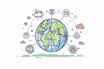Illustration of a globe with various icons symbolizing global communication, technology, and connectivity.