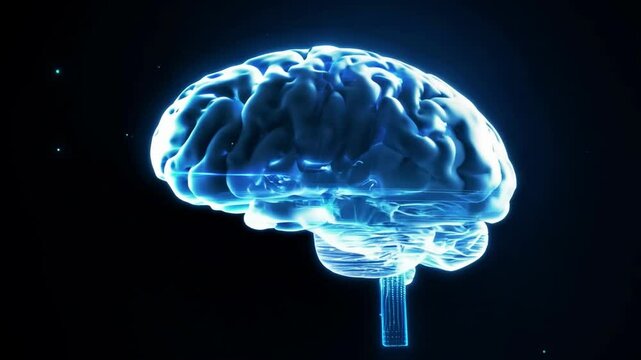 Holographic human brain isolated on black background. Medicine and technology concept. Ai-generated.