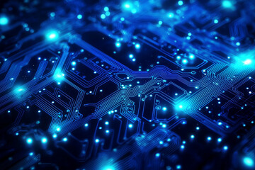 Fototapeta premium A close-up view of a blue-lit circuit board, showcasing intricate electronic pathways and glowing connections.