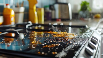 Fototapeta premium A close-up of a dirty stove with splatters, showcasing the mess from cooking.