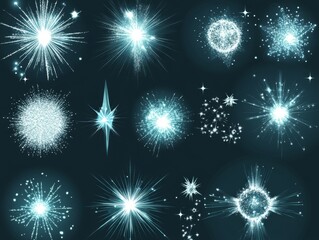 2408 99.A dynamic set of glimmering stars, sparks, and twinkling effects, featuring a mix of circular and starburst shapes. The illustrations include both soft and sharp edges, perfect for creating