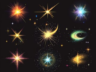 Naklejka premium 2408 99.A dynamic set of glimmering stars, sparks, and twinkling effects, featuring a mix of circular and starburst shapes. The illustrations include both soft and sharp edges, perfect for creating