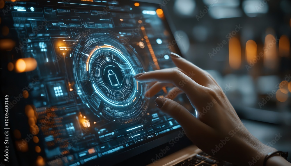 Poster privacy lock icon on a virtual screen interface of a laptop, woman interacting with computer, modern